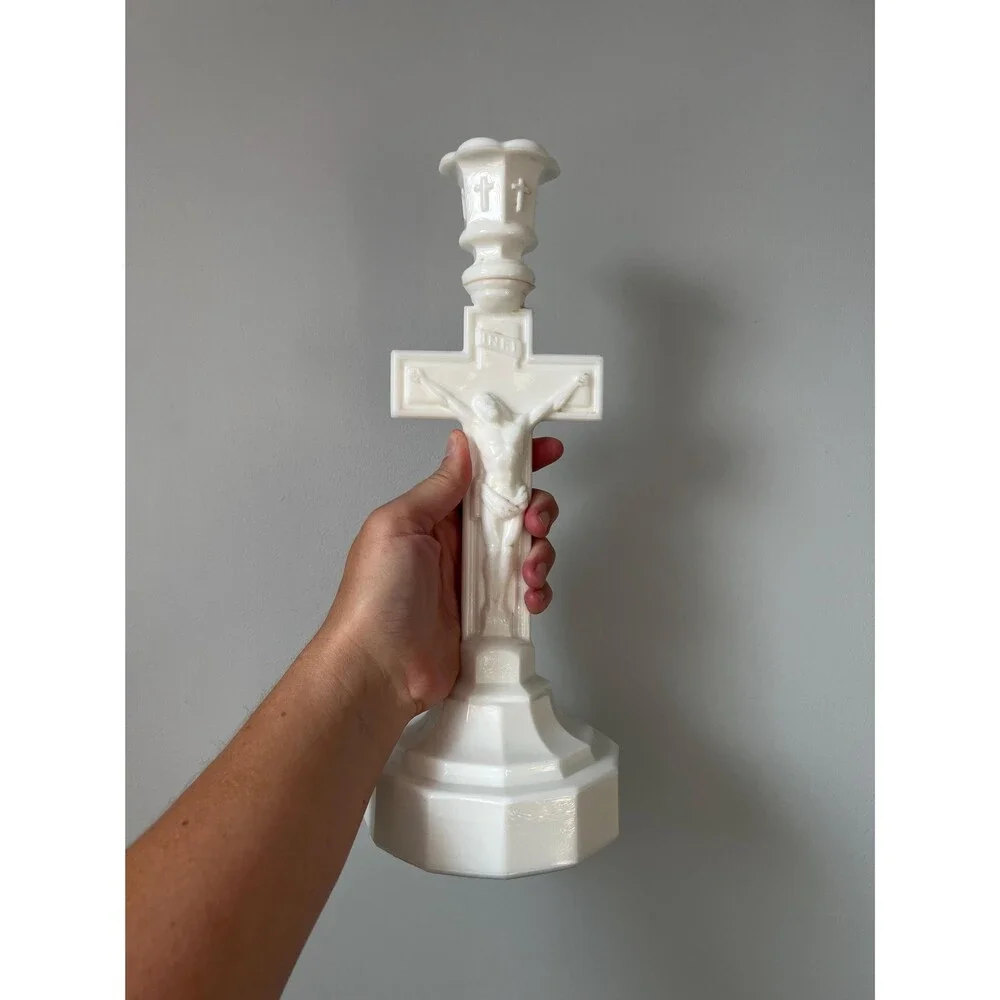 Vintage Milk Glass Crucifix Candle Holder